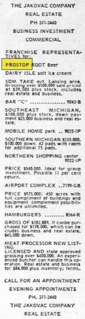 Frostop Root Beer - Mar 1973 Real Estate Ad (newer photo)